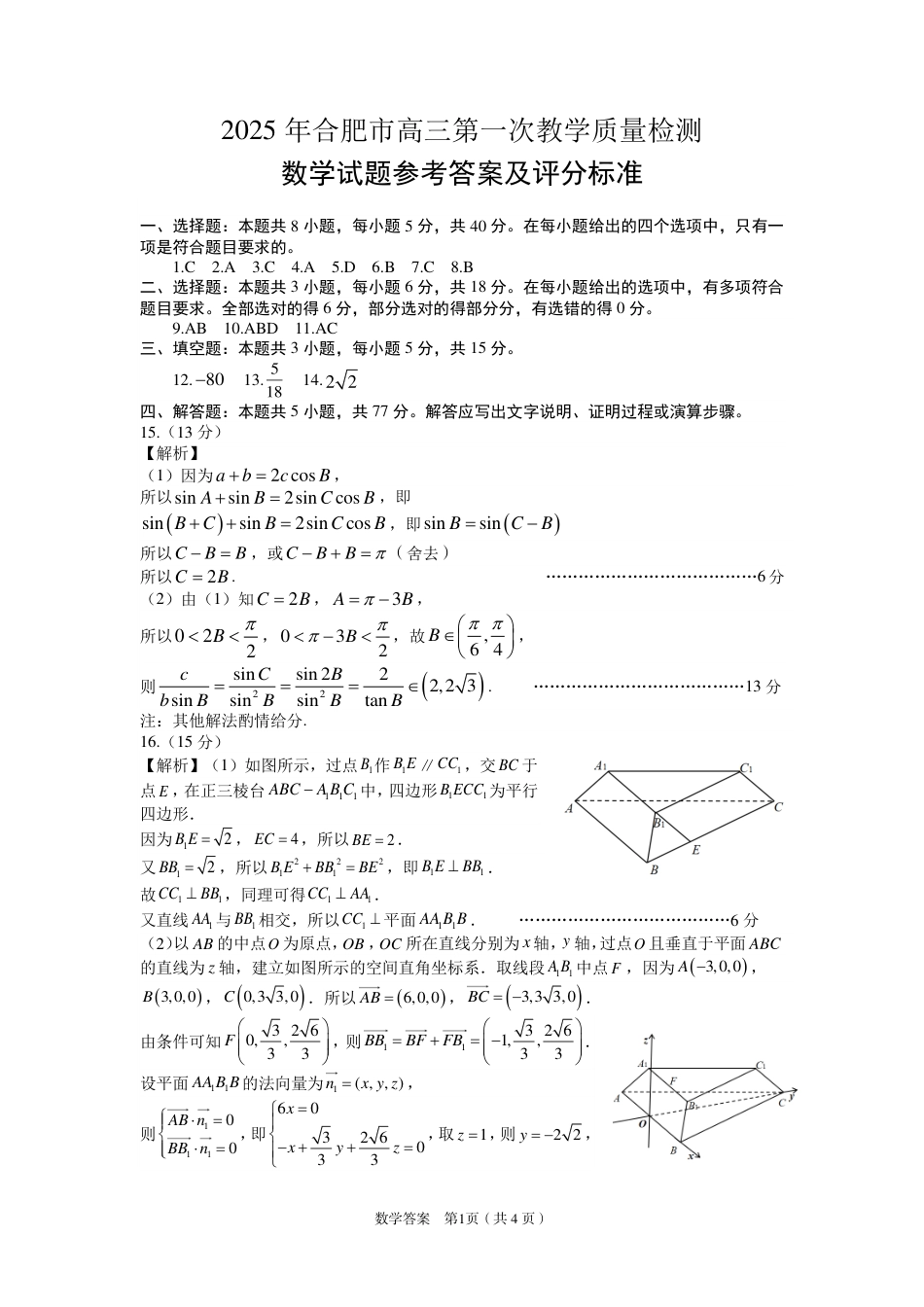 高三数学 模拟题   合肥一模数学答案(1).pdf