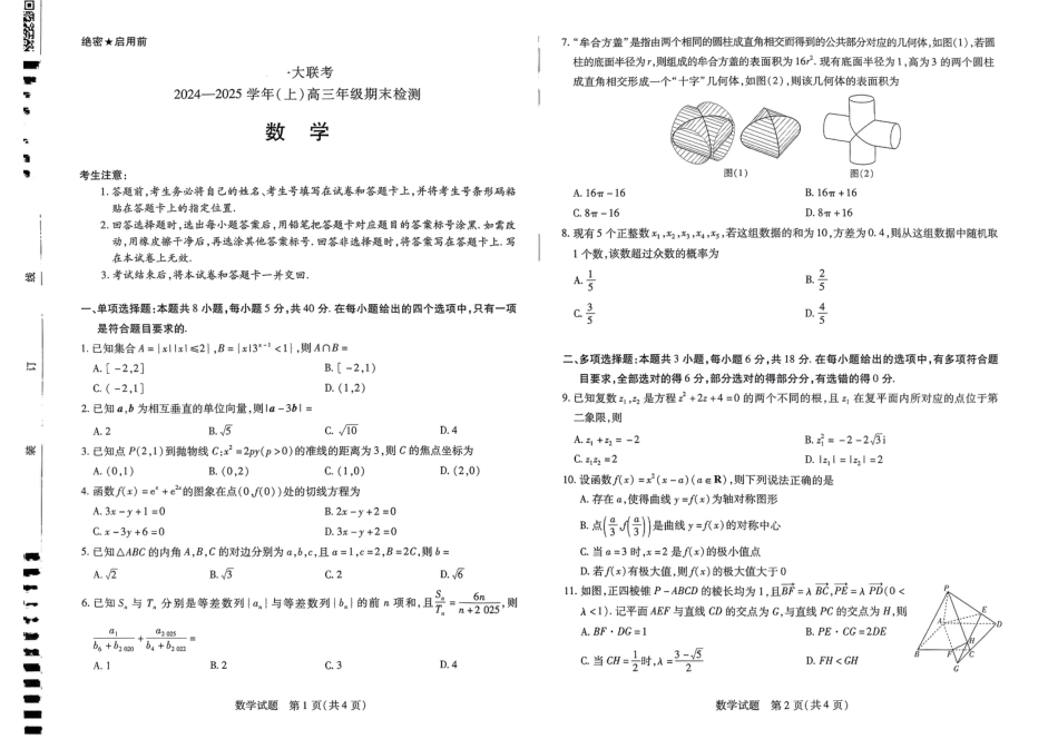 高三数学 模拟题   河南省天一大联考2024-2025学年高三上学期1月期末数学(1).pdf