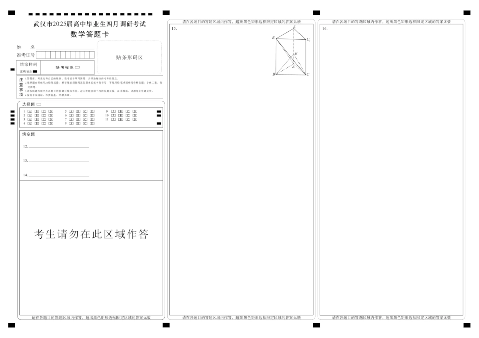 高三数学 模拟题   湖北省武汉市2025届高中毕业生四月调研考试数学答题卡(1).pdf