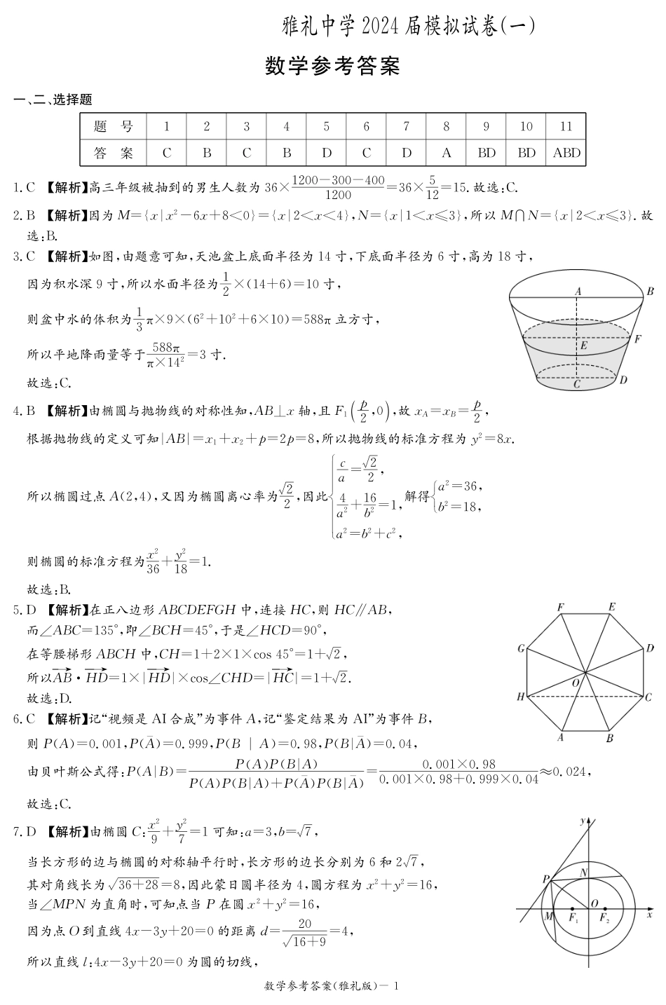 高三数学 模拟题   湖南省雅礼中学2024届高三月考试卷（一）数学答案(1).pdf