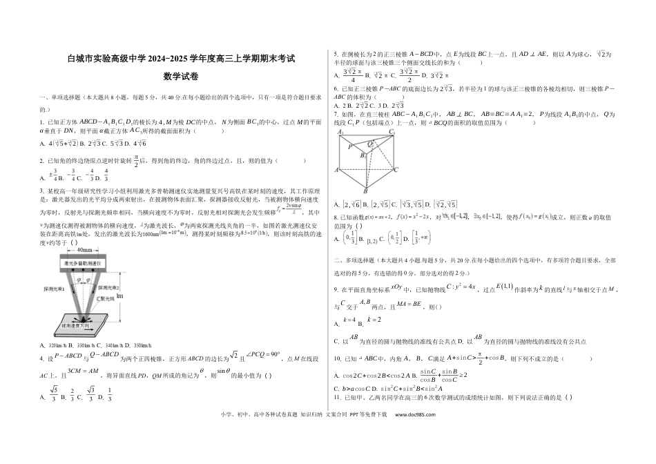 高三数学 模拟题   吉林省白城市实验高级中学2025届高三上学期1月期数学+答案(4).docx