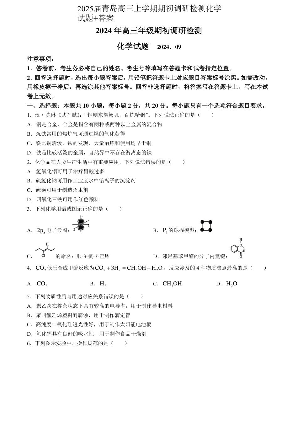 2024-2025学年山东省青岛高三上学期期初调研检测化学试题（PDF版含答案）(1).pdf