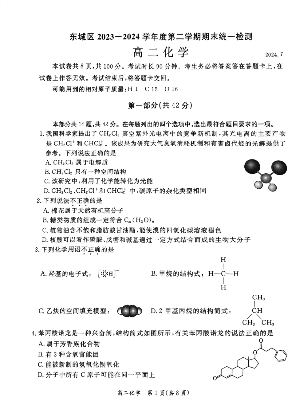 2024北京东城高二（下）期末化学试题及答案(1).pdf