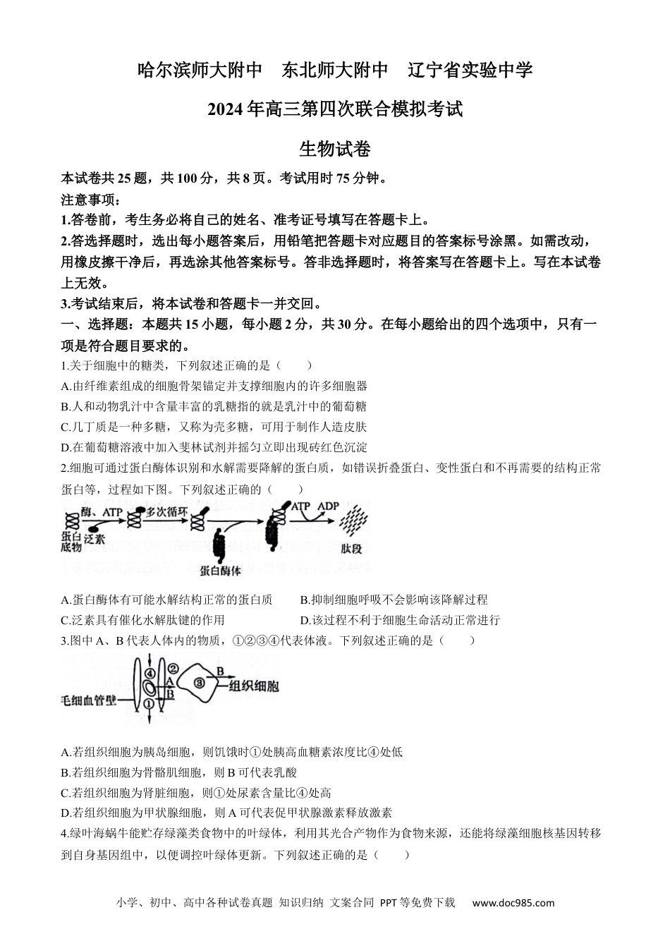 2024年东北三省四校高三下学期第四次模拟考试生物试卷(1).docx