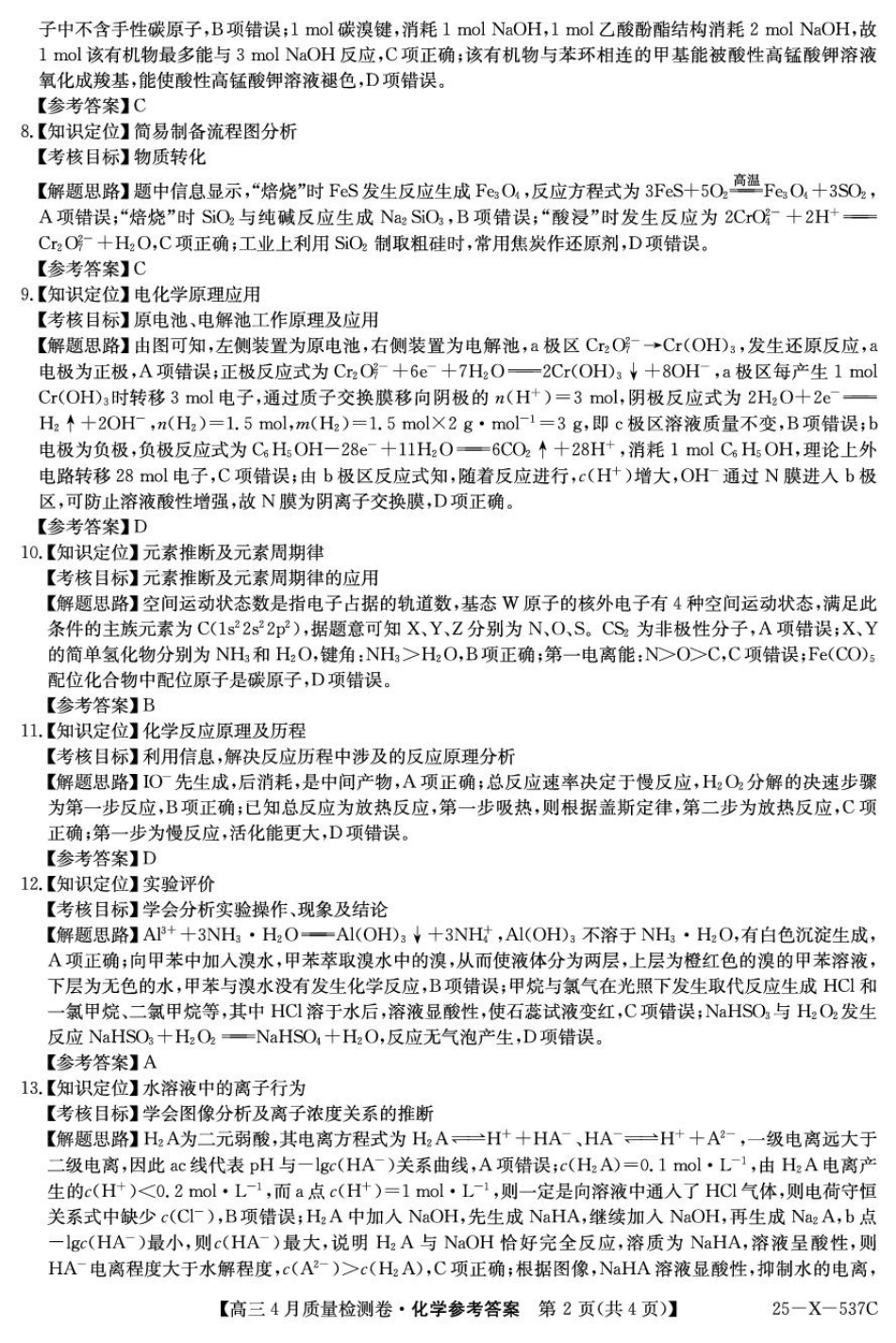 2025届山西三晋卓越联盟高三4月联考化学答案(1).pdf