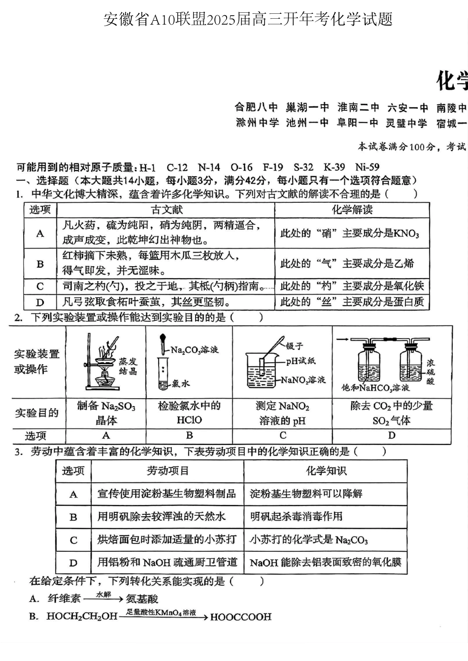 安徽省A10联盟2025届高三开年考化学试题(1).pdf