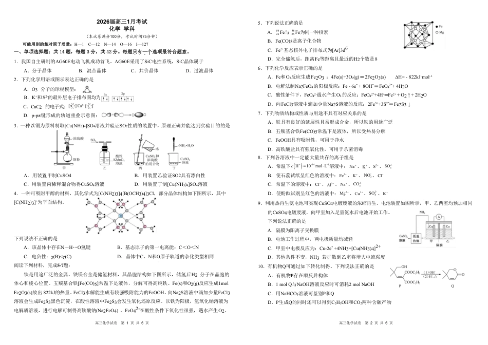 安徽省合肥一中2025-2026学年高三上学期1月考试 化学(1).pdf