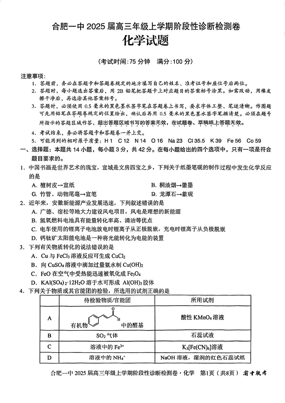 安徽省十联考合肥市第一中学等校2025届高三上学期阶段性诊断检测化学(1).pdf