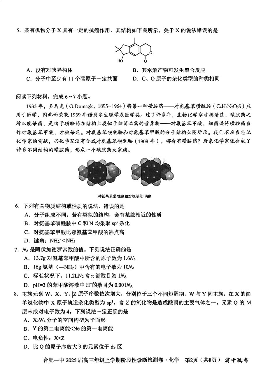 安徽省十联考合肥市第一中学等校2025届高三上学期阶段性诊断检测化学(1).pdf