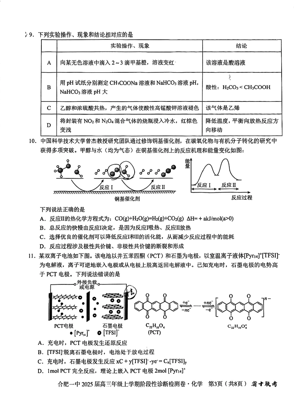 安徽省十联考合肥市第一中学等校2025届高三上学期阶段性诊断检测化学(1).pdf
