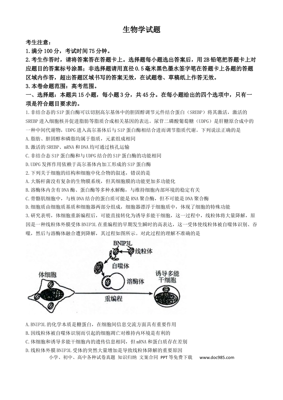 安徽省县中联盟2024-2025学年高三上学期9月开学联考生物试题(2).docx