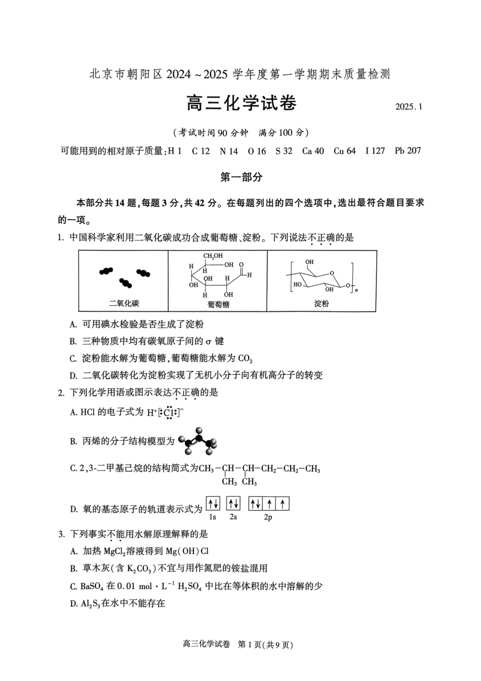 北京市朝阳区2024-2025学年高三第一学期期末质量检测考试 化学试卷+答案(1).pdf