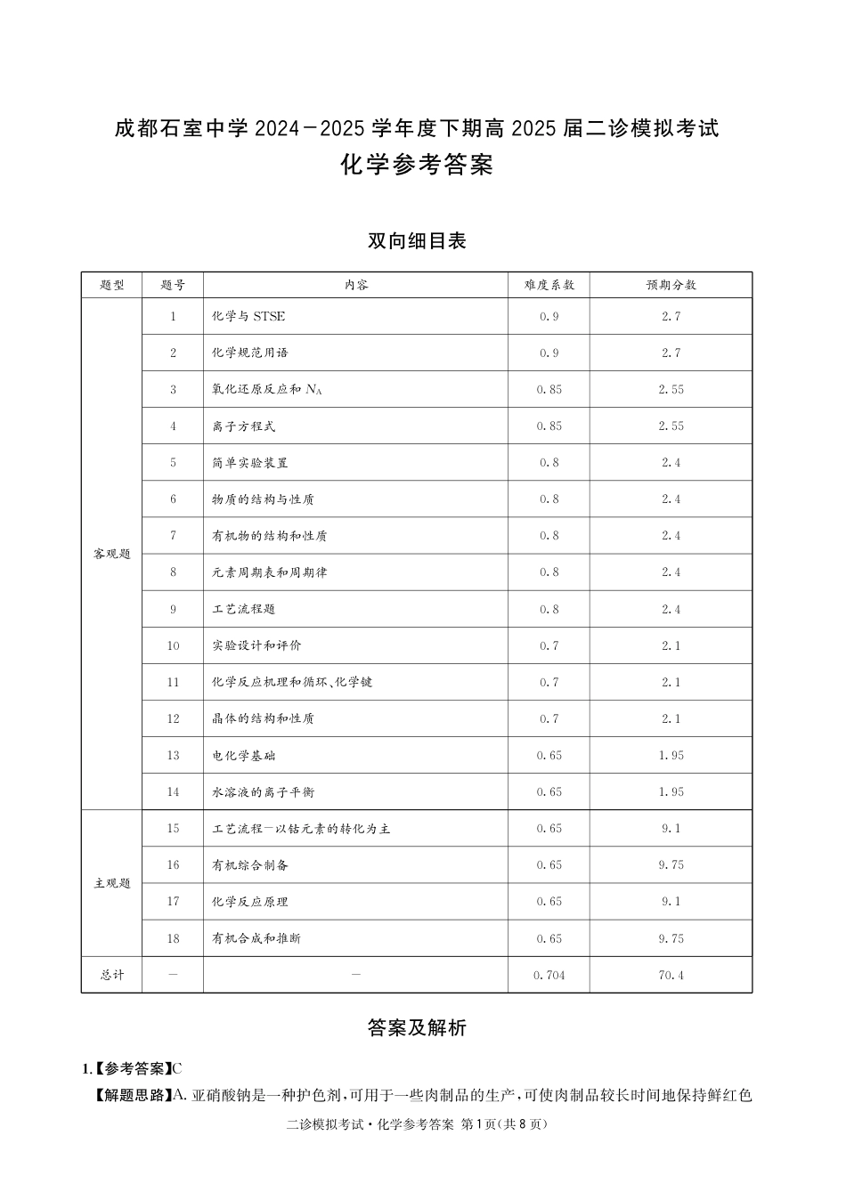 成都石室中学2024-2025学年度下期高2025届二诊模拟考试 化学答案（含双向细目表）(1).pdf