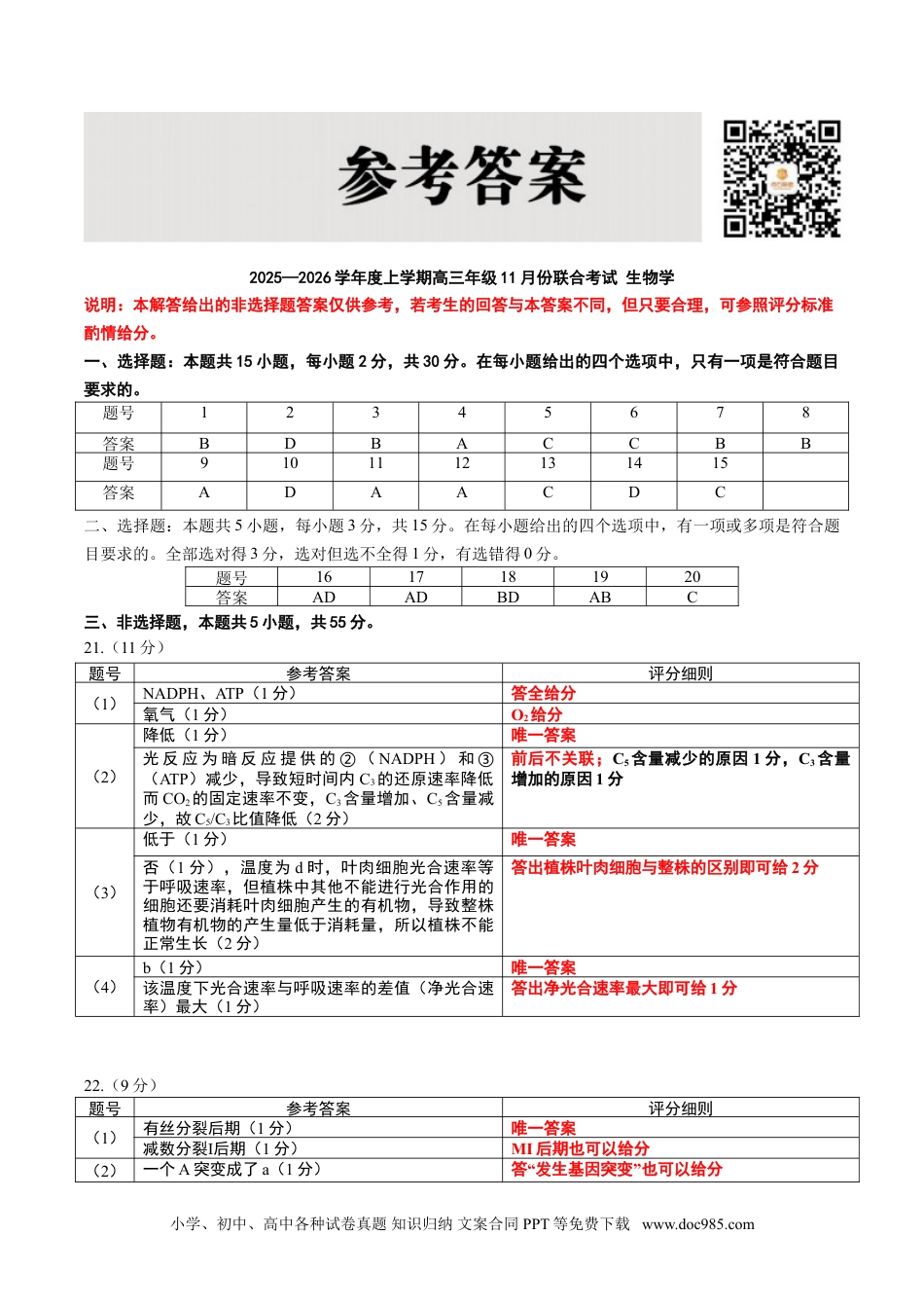 点石联考2025—2026学年度上学期高三年级11月份联合考试生物答案(1).doc