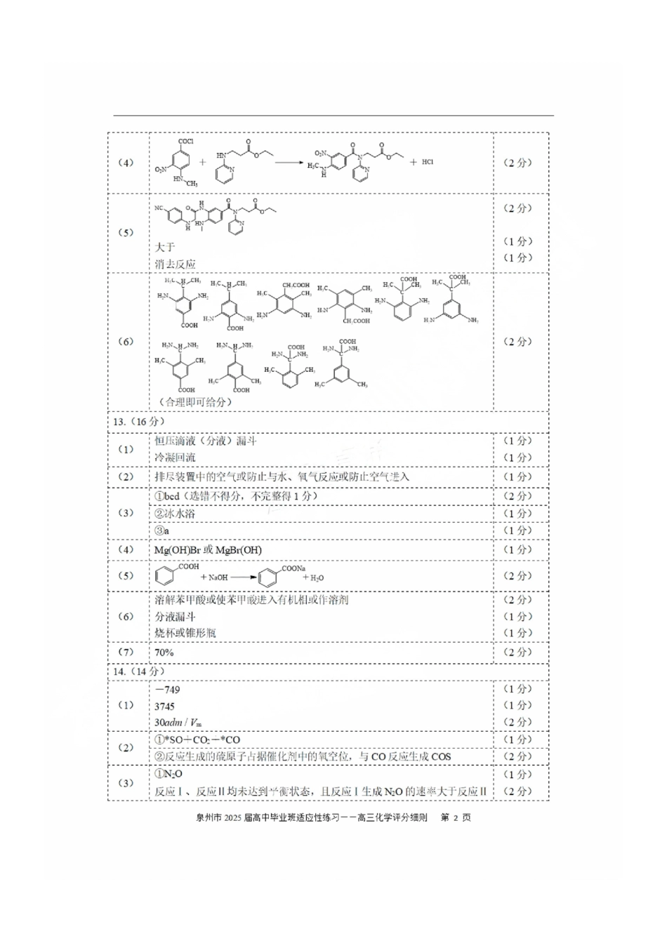 福建省泉州市2025届高中毕业班适应性练习卷化学答案(1).pdf
