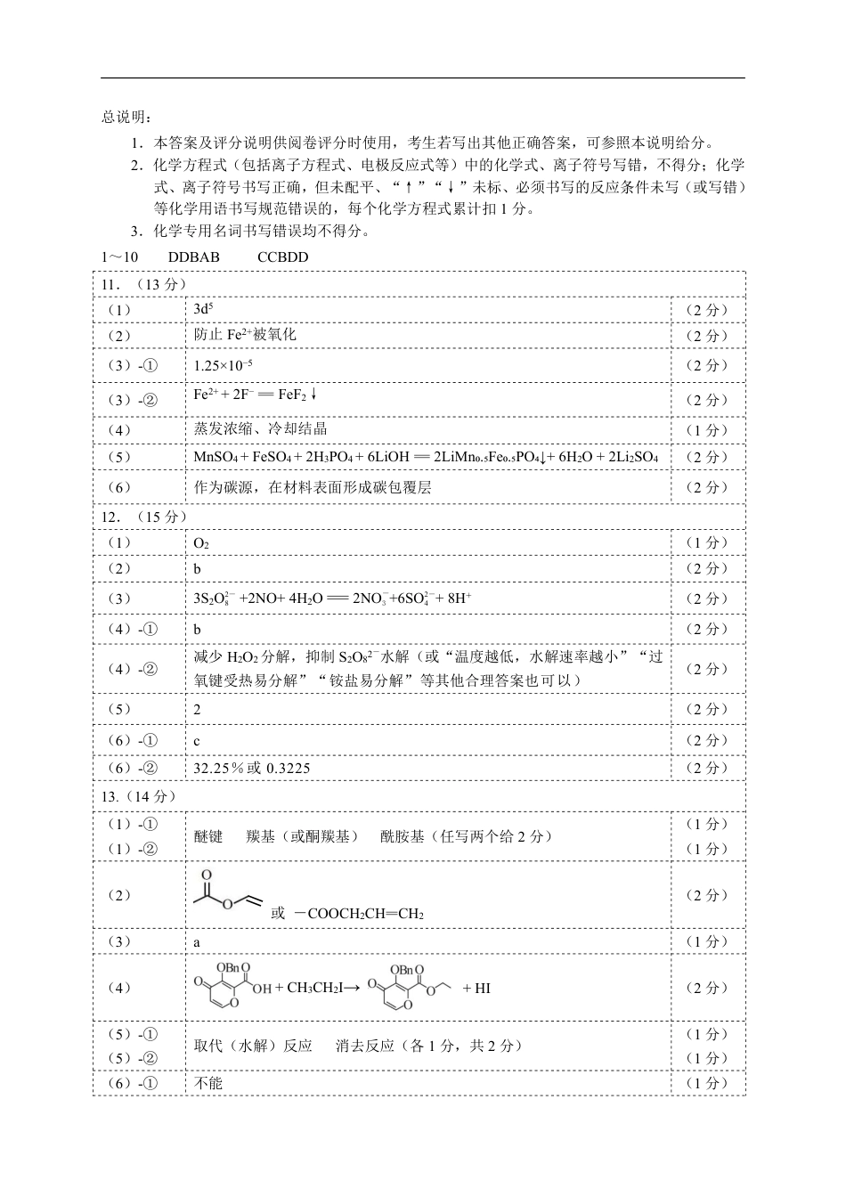 福州市2026届高中毕业班4月适应性练习 化学答案(1).pdf