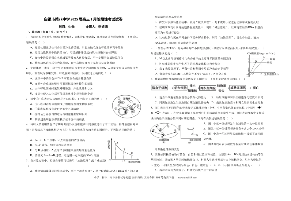 甘肃省白银市第八中学2024-2025学年高三上学期1月月考生物+答案.docx