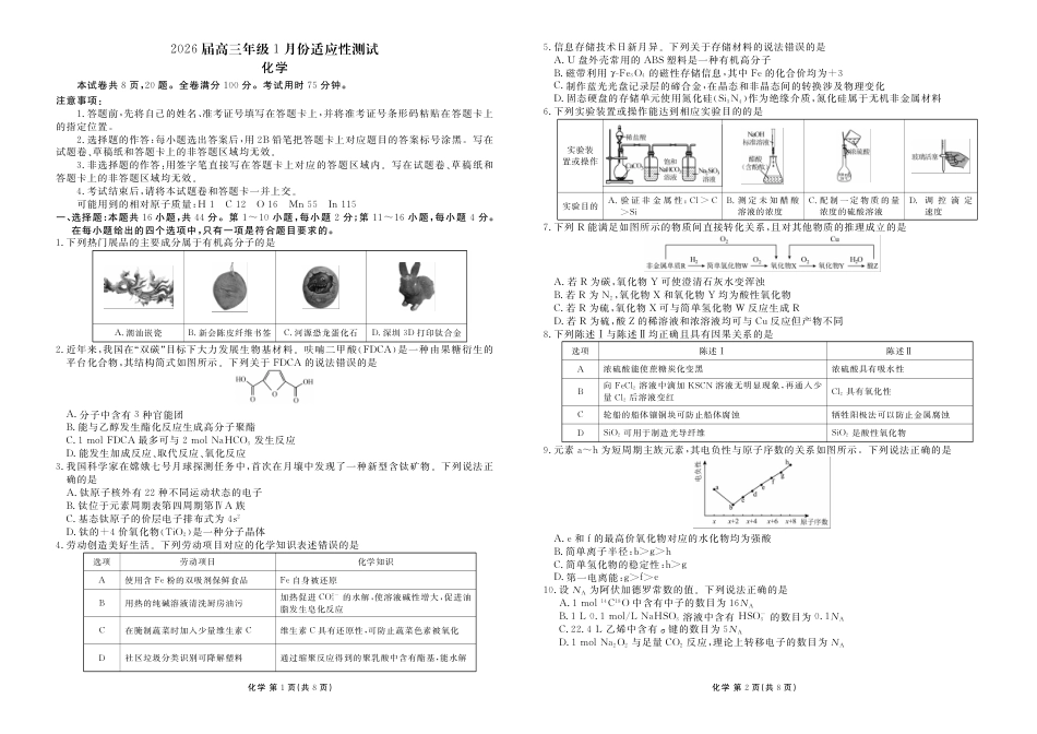 高三化学正文(2026届高三年级1月份适应性测试)(1).pdf