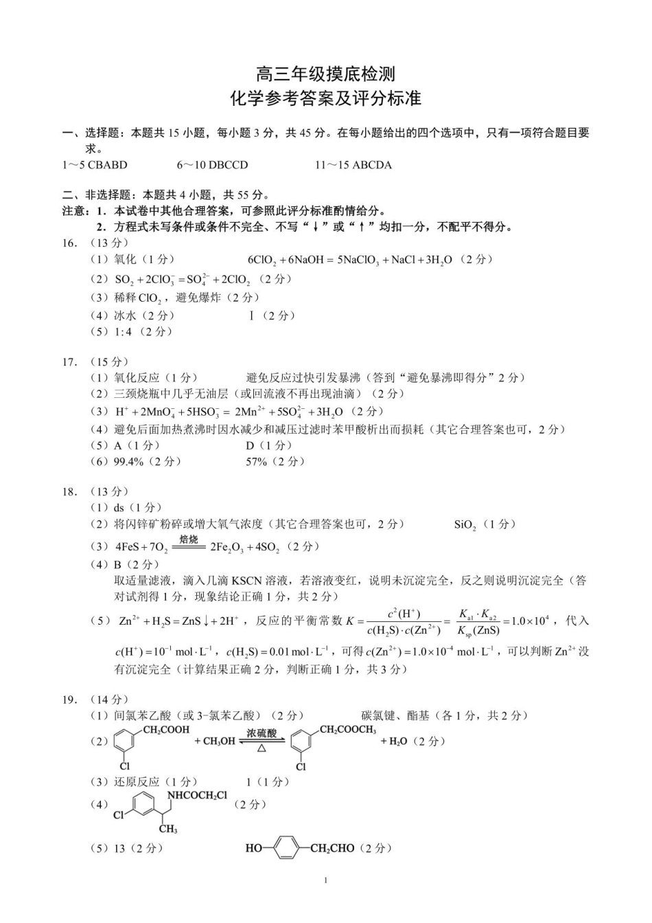 高三年级摸底检测化学参考答案及评分标准(1).pdf