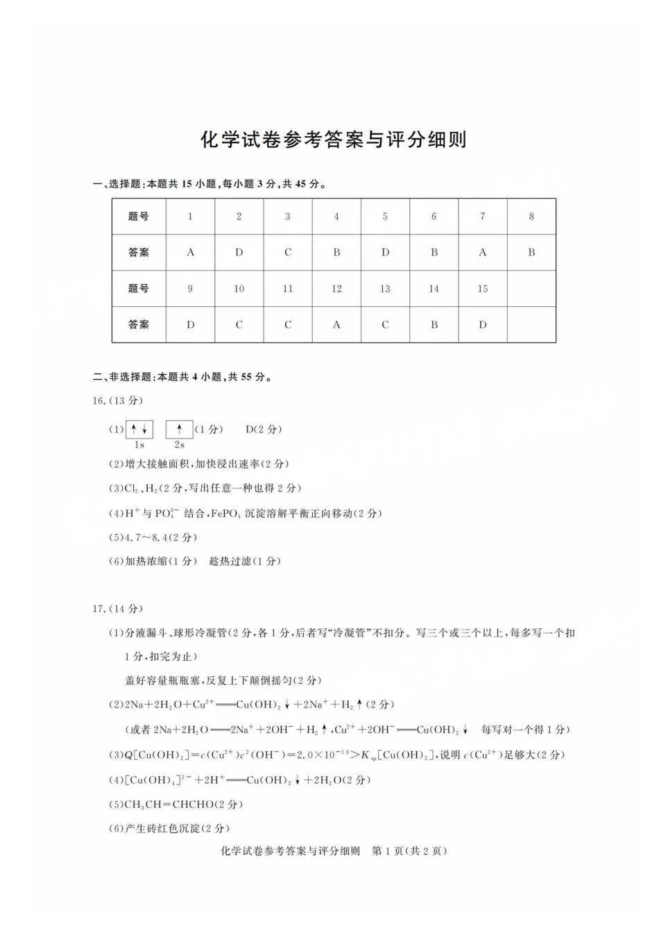 广东省2025届广州市高三年级上学期阶段性训练暨8月摸底考试(市调研考）                    化学试卷答案(1).pdf