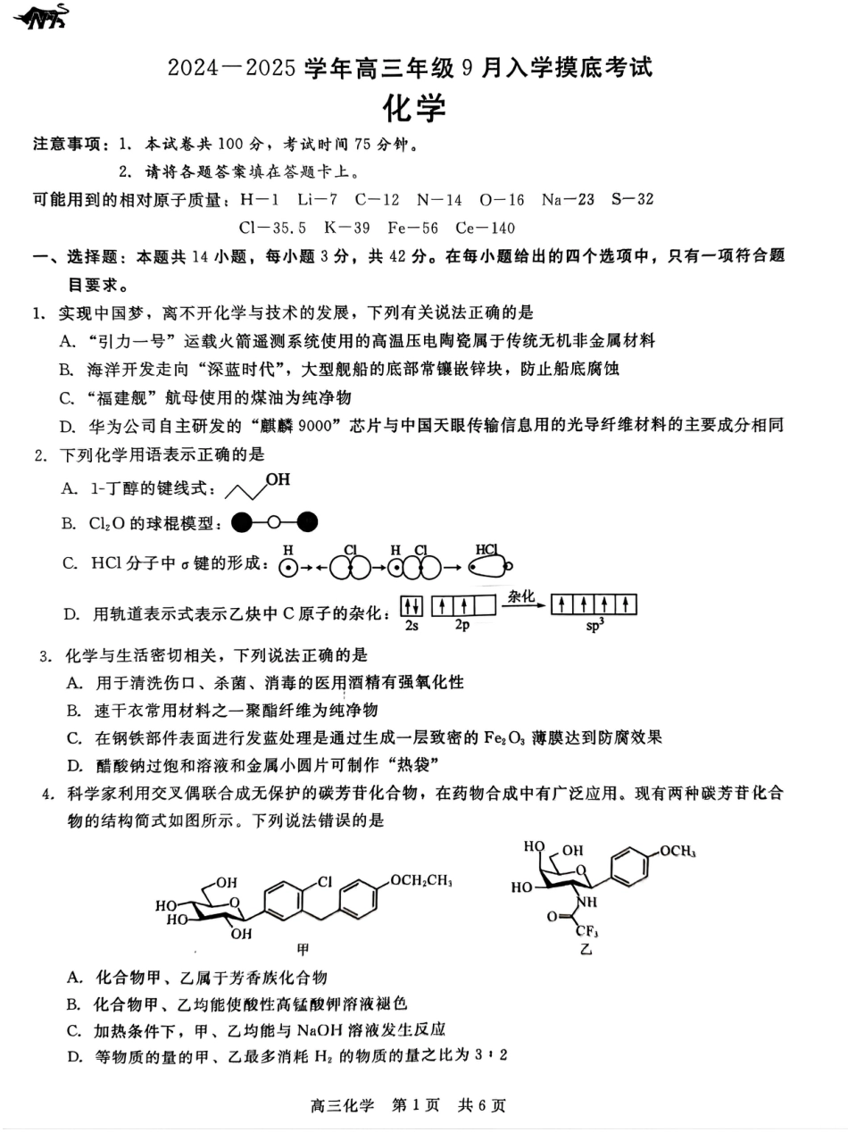 河北省新时代NT教育2024-2025学年高三上学期入学摸底测试 化学试卷（无答）(1).pdf