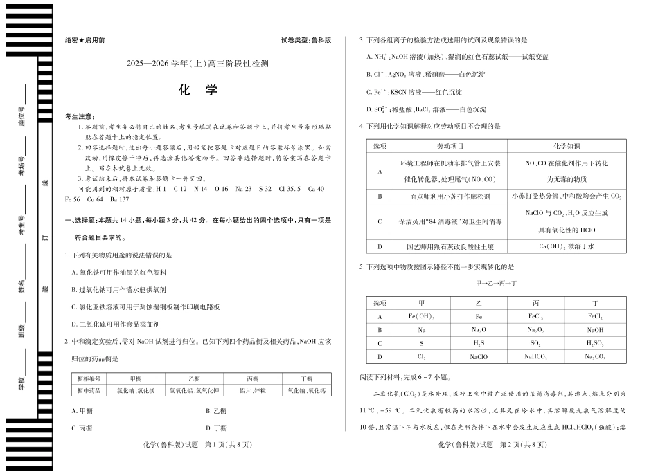 河南省2025—2026学年（上）高三阶段性检测化学(鲁科版)(1).pdf
