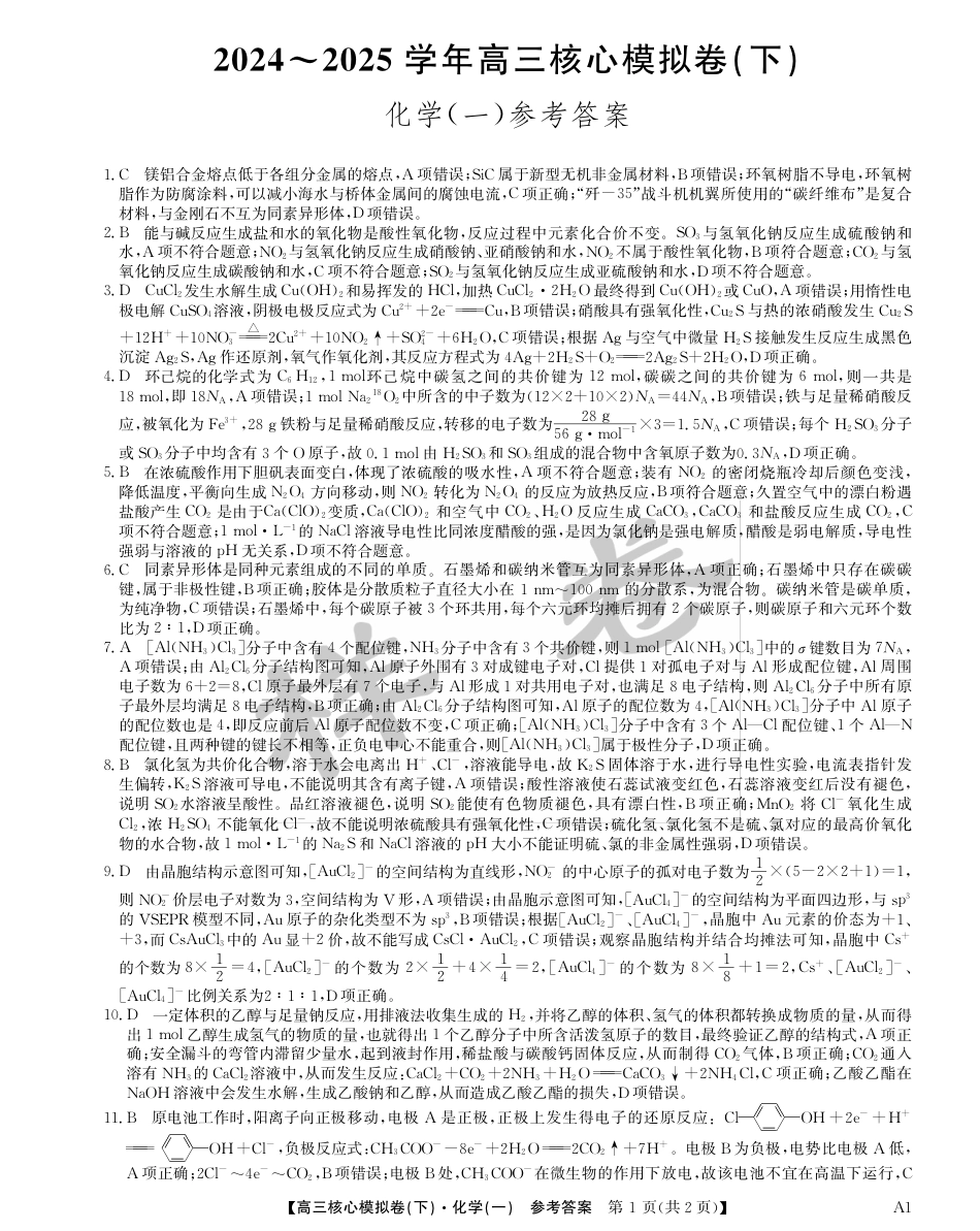 湖北省2025届九师联盟核心模拟卷（下）（样卷）化学答案(1).pdf