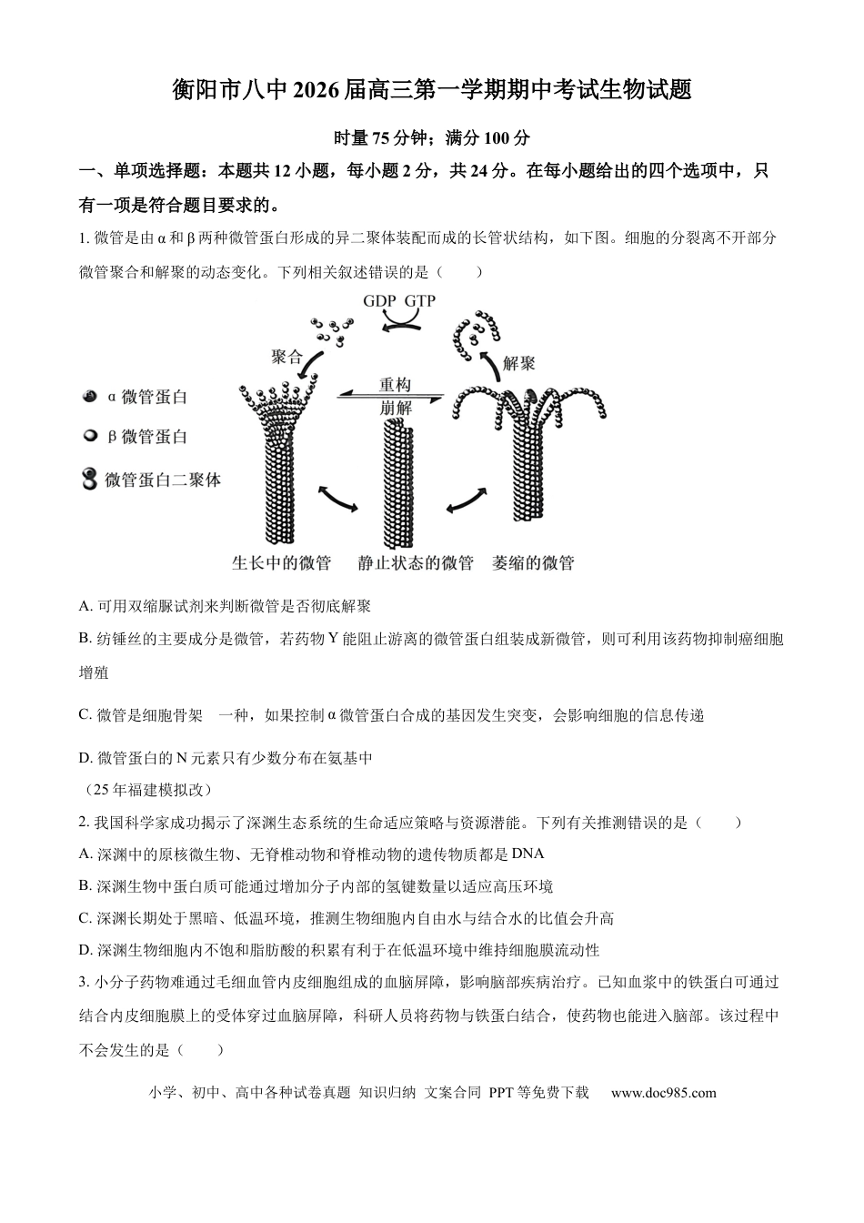 湖南省衡阳市雁峰区衡阳市第八中学2025-2026学年高三上学期11月期中生物试题（原卷版）.docx