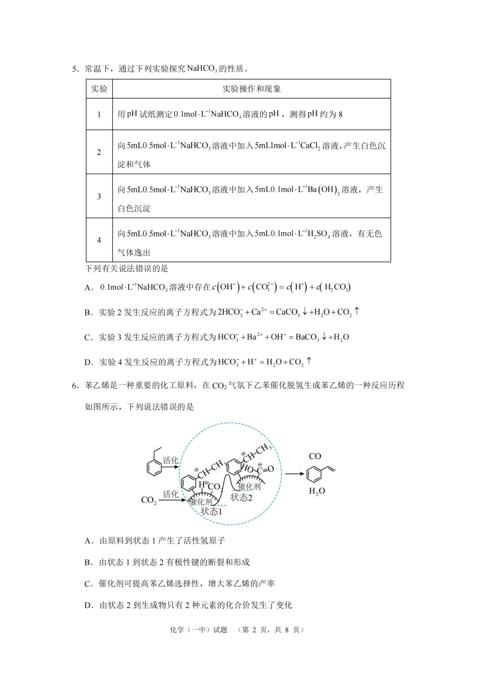湖南省长沙市一中2024-2025学年高三上学期阶段性检测（一）化学试题(1).pdf
