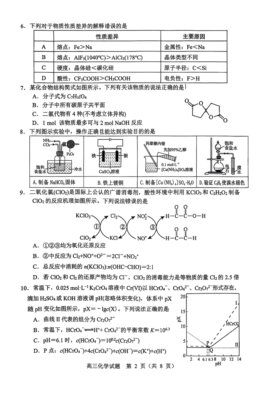 化学试卷-2026届山东省淄博市第一学期高三摸底质量检测（期末）(1).pdf