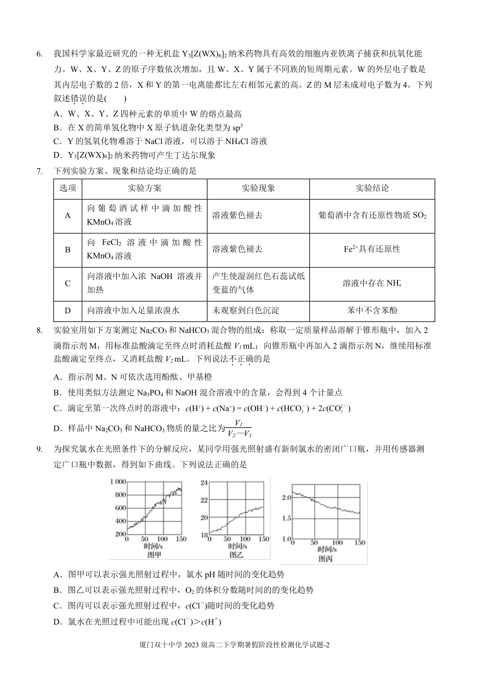 化学试卷-厦门双十中学 2024-2025 学年高三上暑假阶段性训练(1).pdf