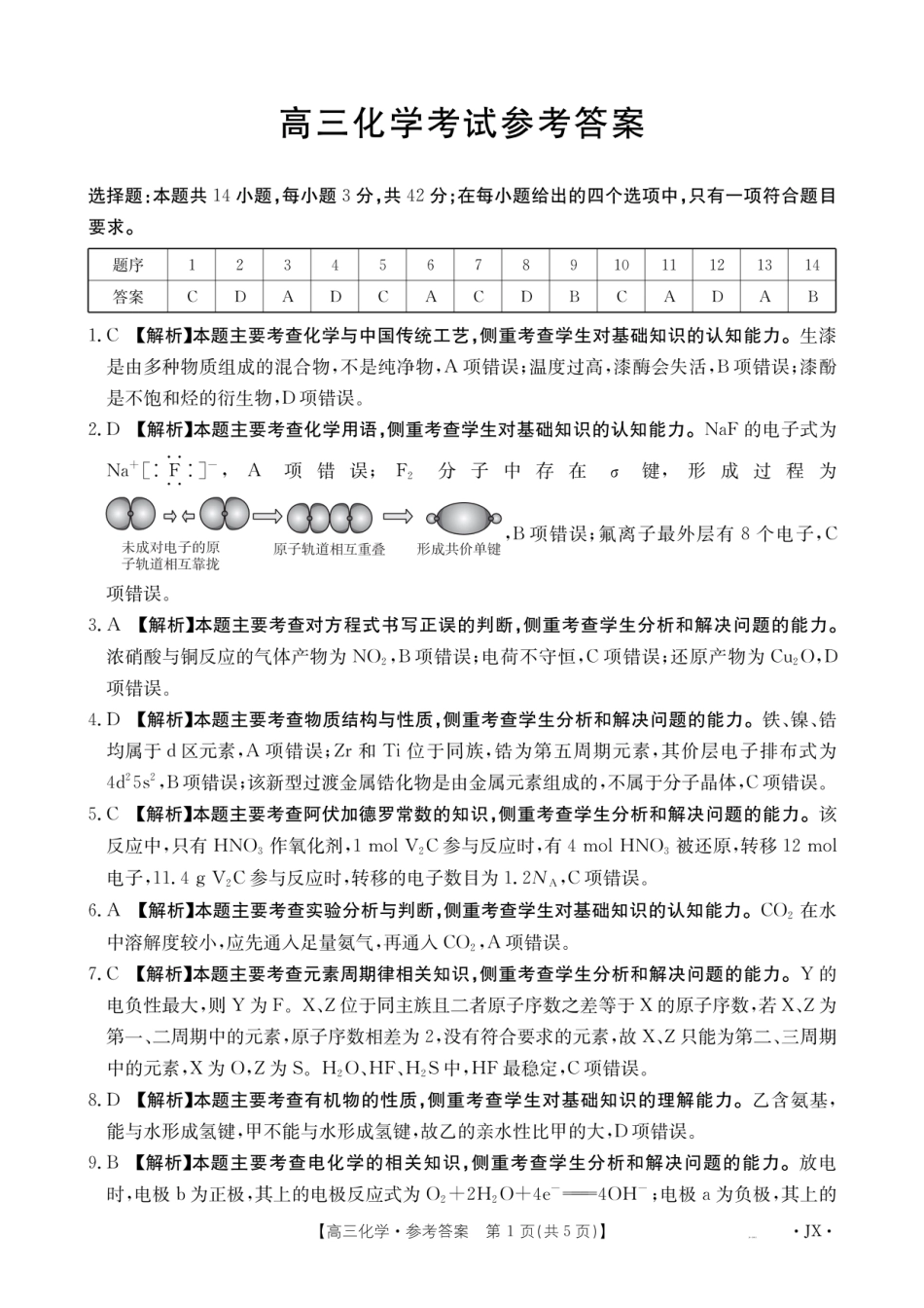 金太阳·江西省2026届高三上学期8月百万大联考（26-1001C）化学答案(1).pdf