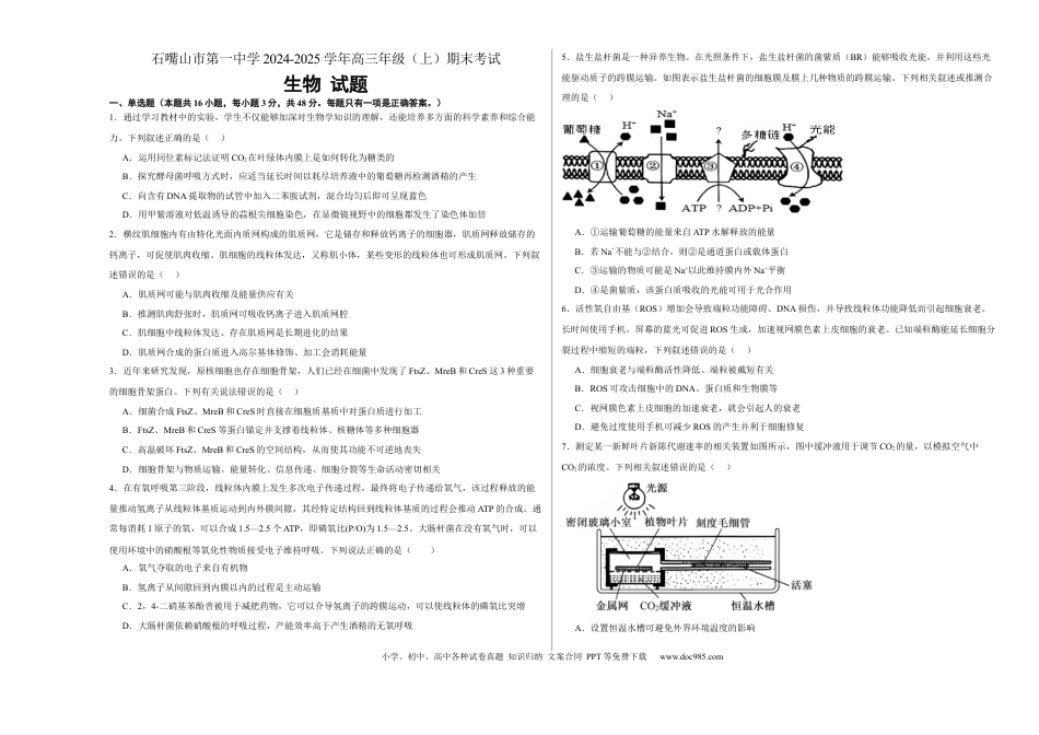 宁夏石嘴山市第一中学2024-2025学年高三上学期1月期末生物(1).docx