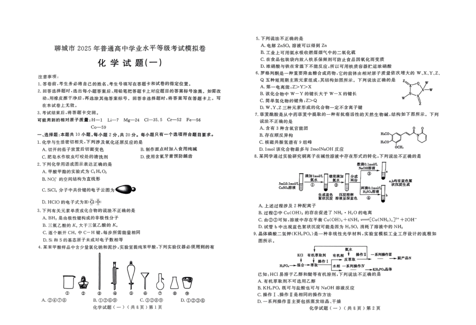 山东省聊城市2025年普通高中学业水平等级考试模拟卷化学(1).pdf