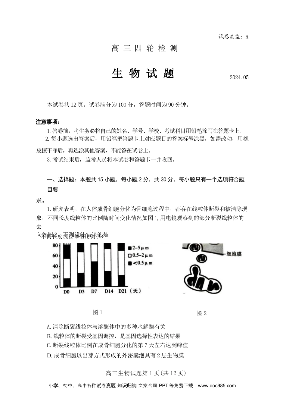 山东省泰安市2024年(届)高三年级四轮检测(泰安四模)生物试卷+答案(1).docx