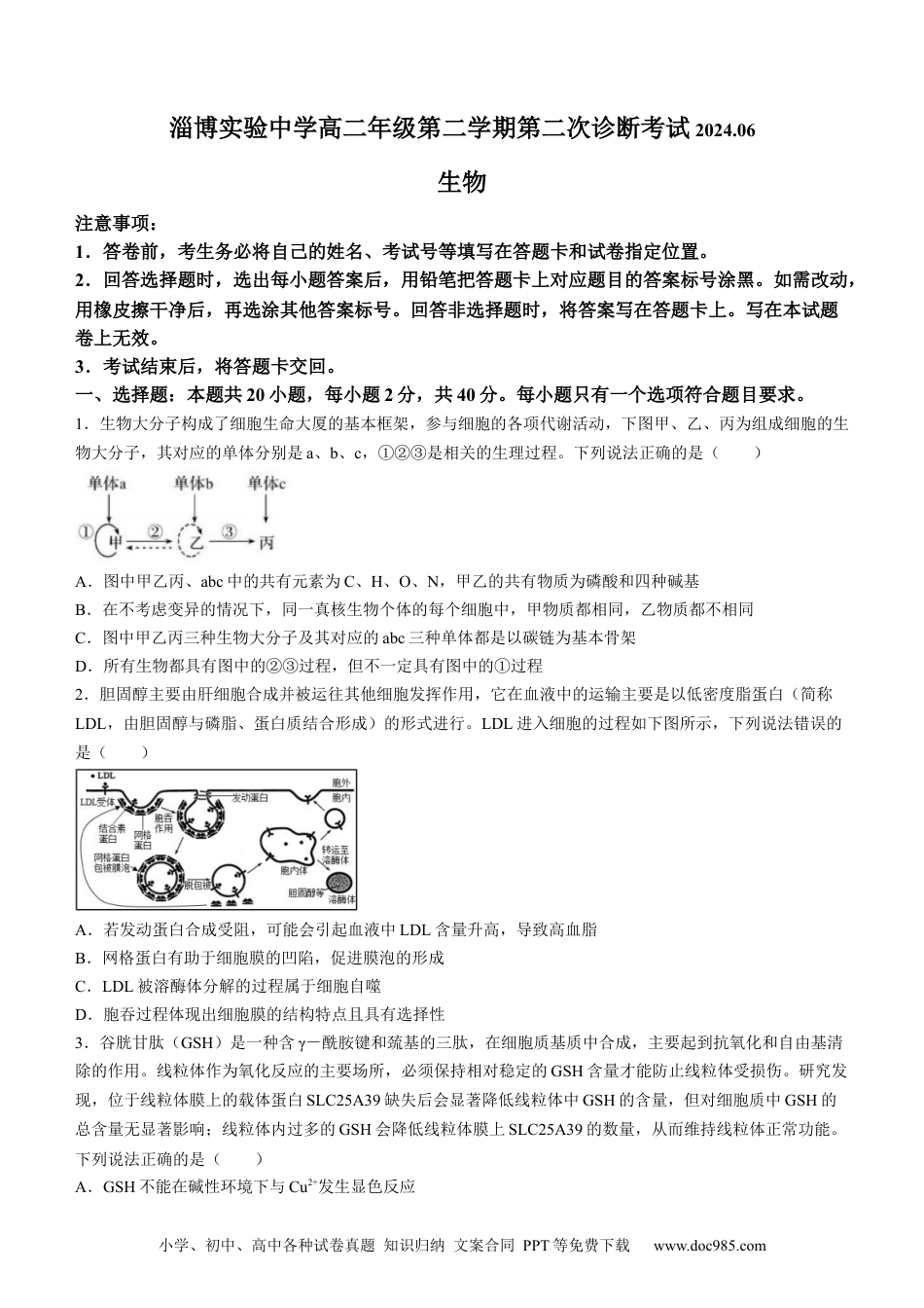 山东省淄博市张店区淄博实验中学2023-2024学年高二下学期6月月考生物试题（含答案）(1).docx