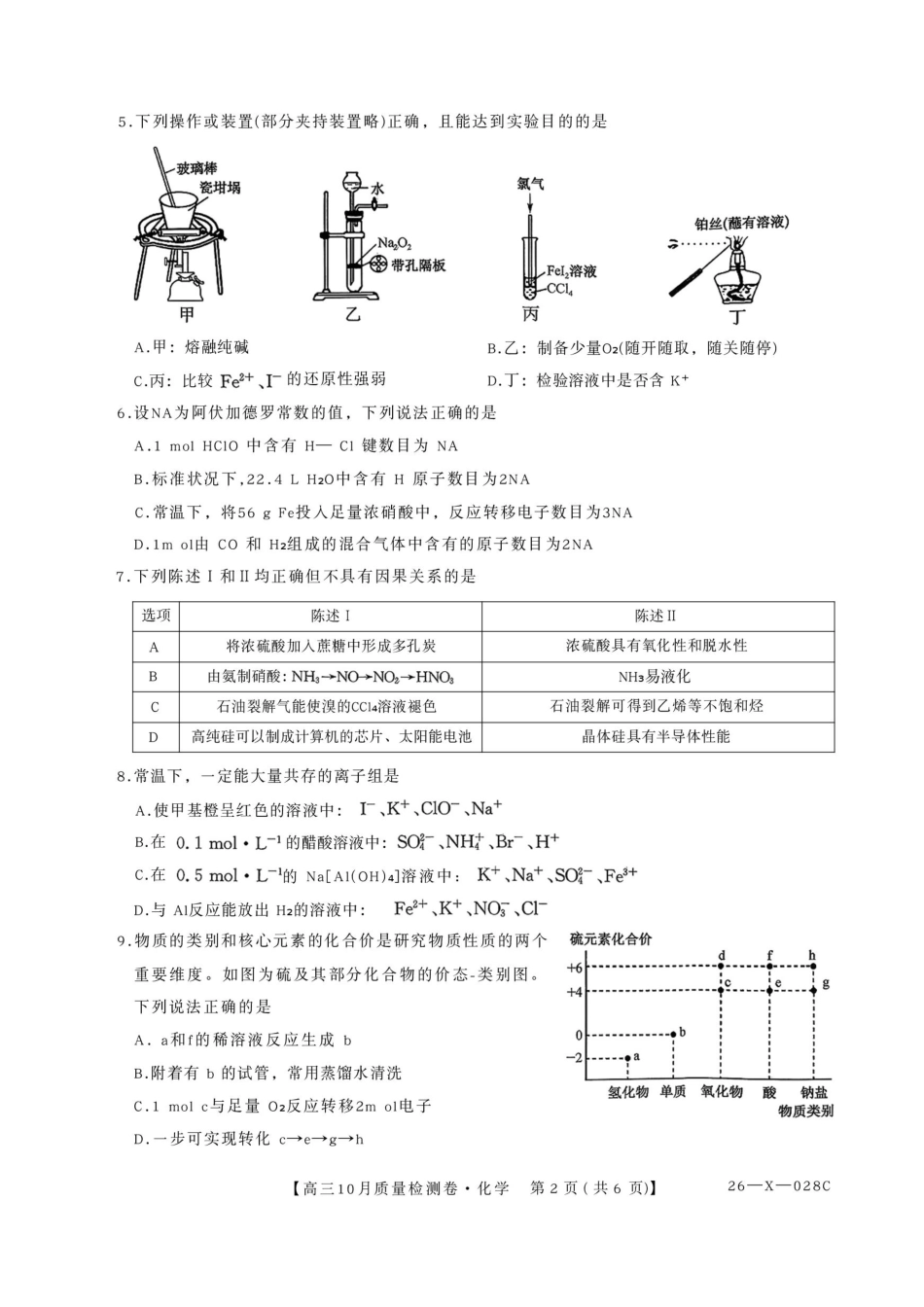 山西三晋卓越联盟2025-2026高三10月质量检测（26-X-028C）化学(1).pdf