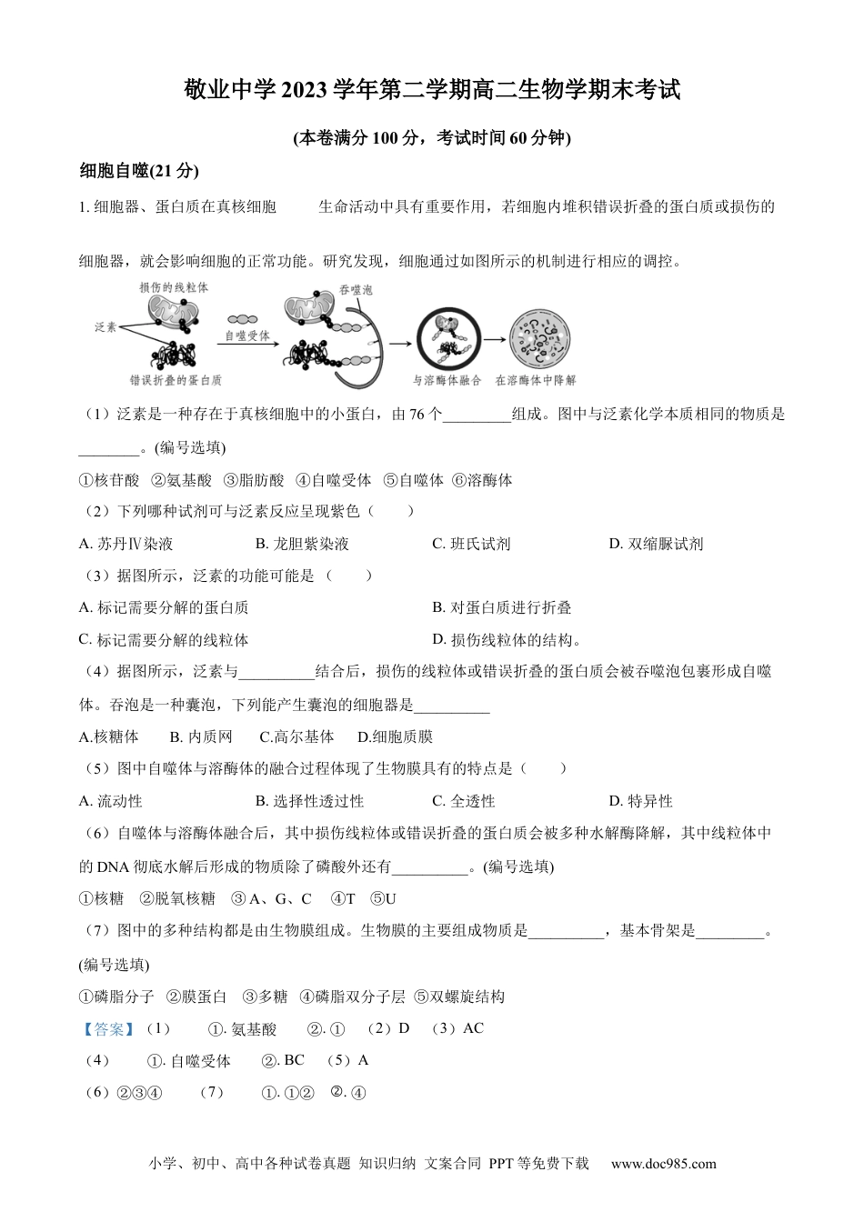 上海市黄浦区敬业中学2023-2024学年高二下学期6月期末生物答案(2).docx