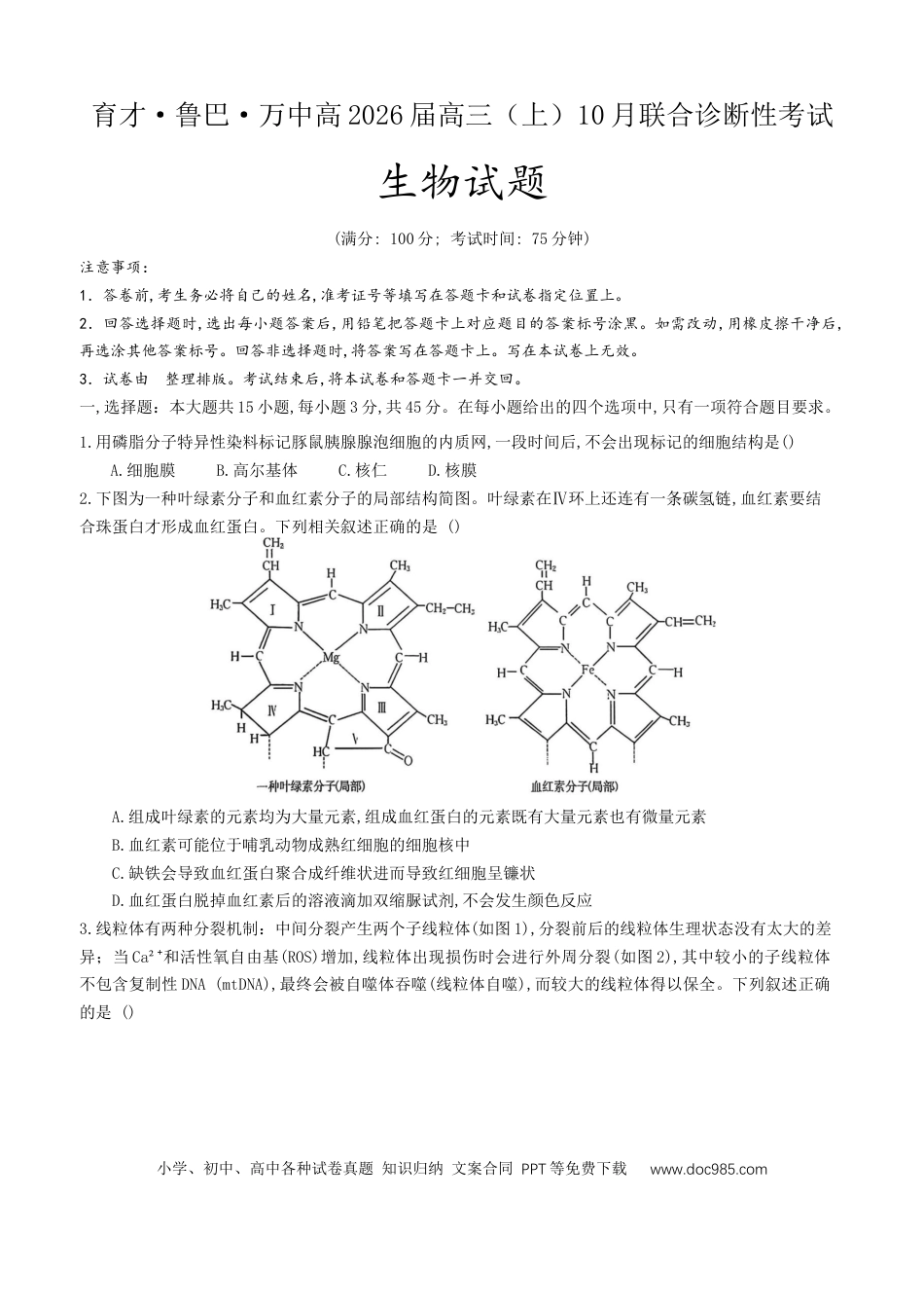 重庆育才中学、鲁能巴蜀中学、万州高级中学高2026届高三10月联合考试生物试题（含答案）(2).docx