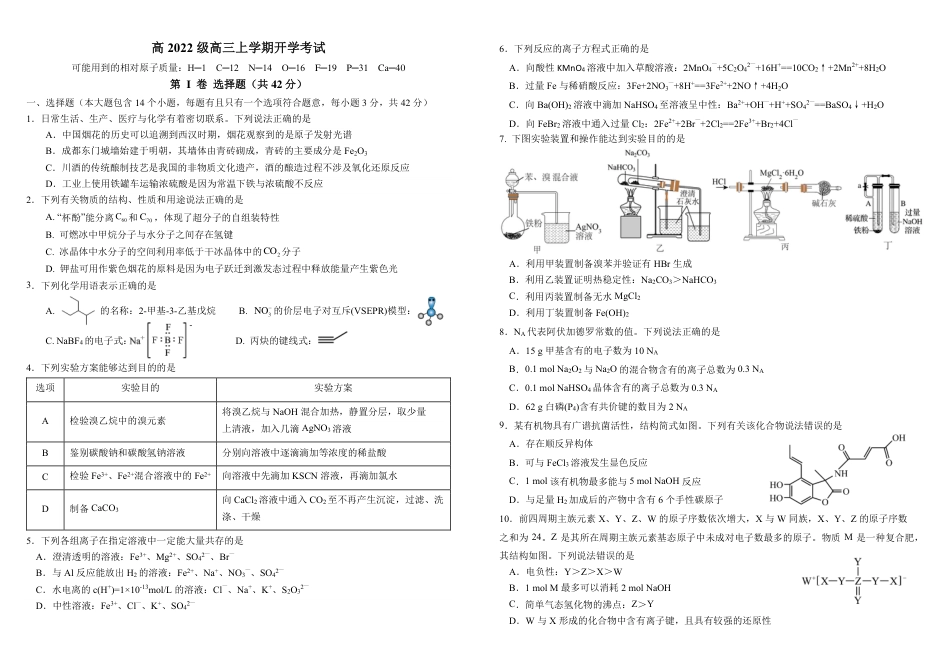 四川省成都市树德中学2024-2025学年高三上学期开学考试化学试题 PDF版含答案(1).pdf