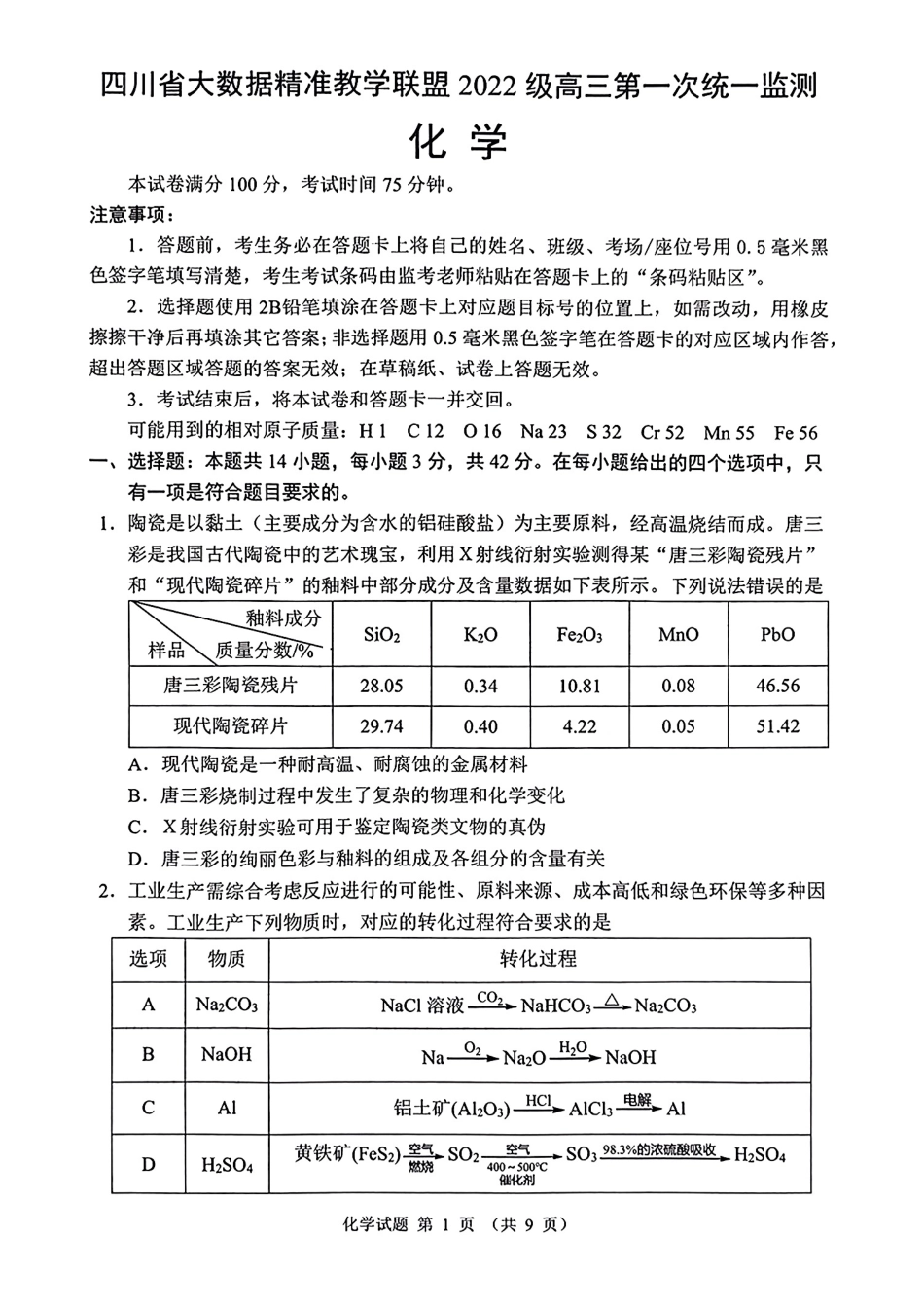 四川省大数据精准教学联盟2022级高三第一次统一监测化学试题+答案(1).pdf