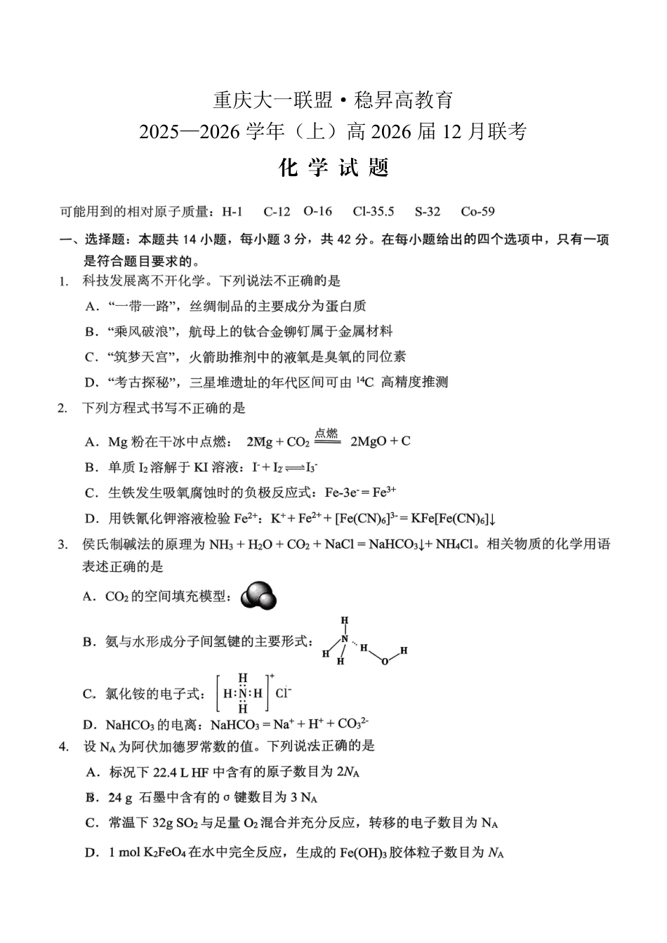 稳昇高教育2025-2026学年（上）高2026届12月联考化学(1).pdf