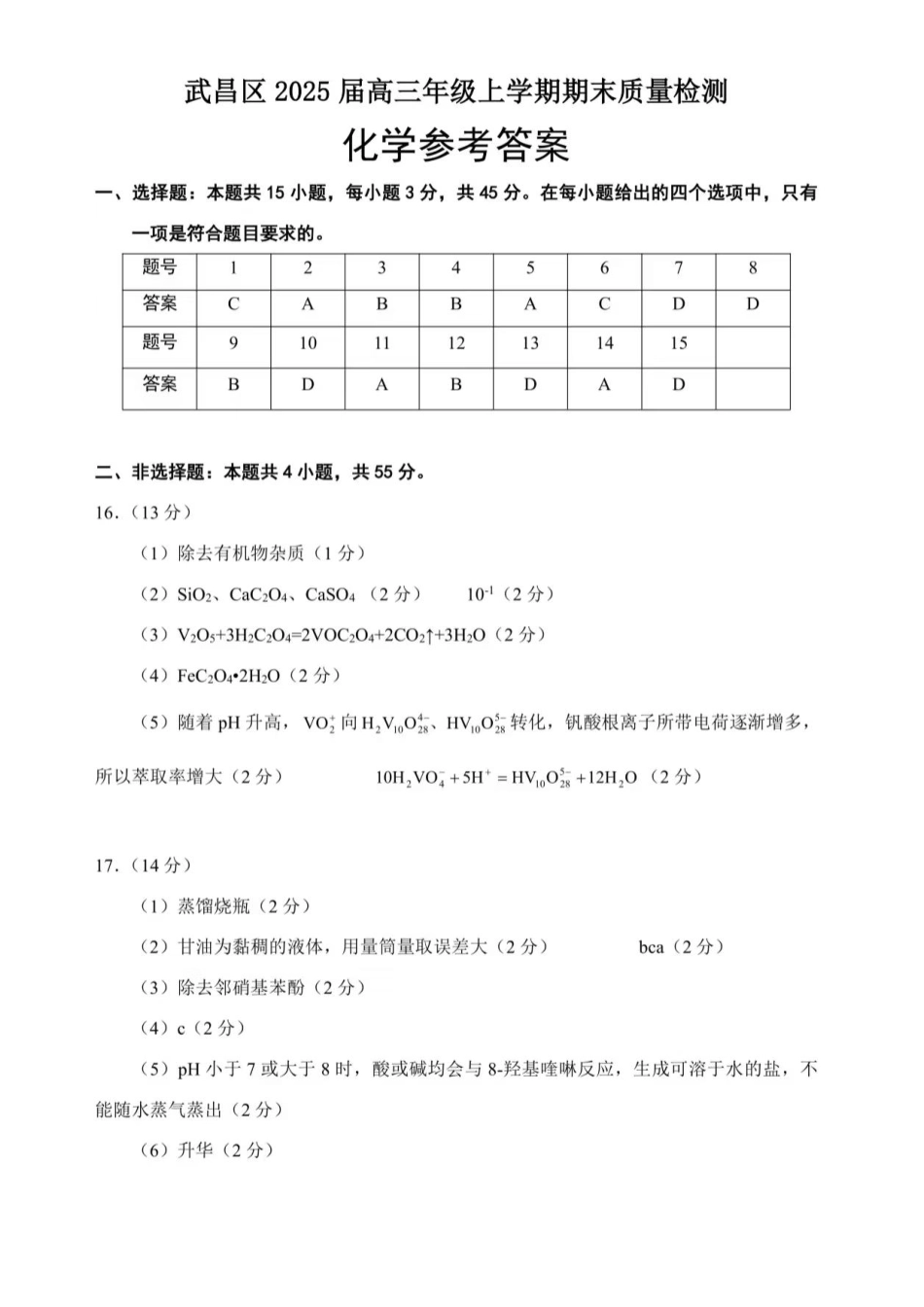 武昌区2025届高三年级上学期期末质量检测化学答案(1).pdf