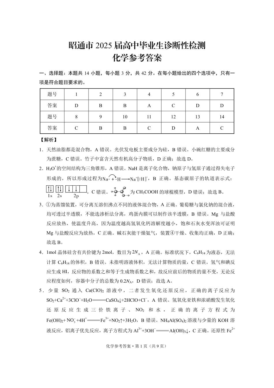 云南省昭通市2025届高三上学期1月毕业生诊断性检测化学答案(1).pdf