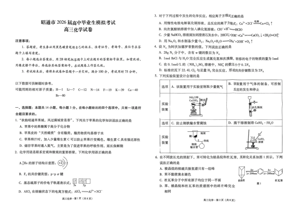 云南省昭通市2026届高中毕业生模拟考试化学(1).pdf