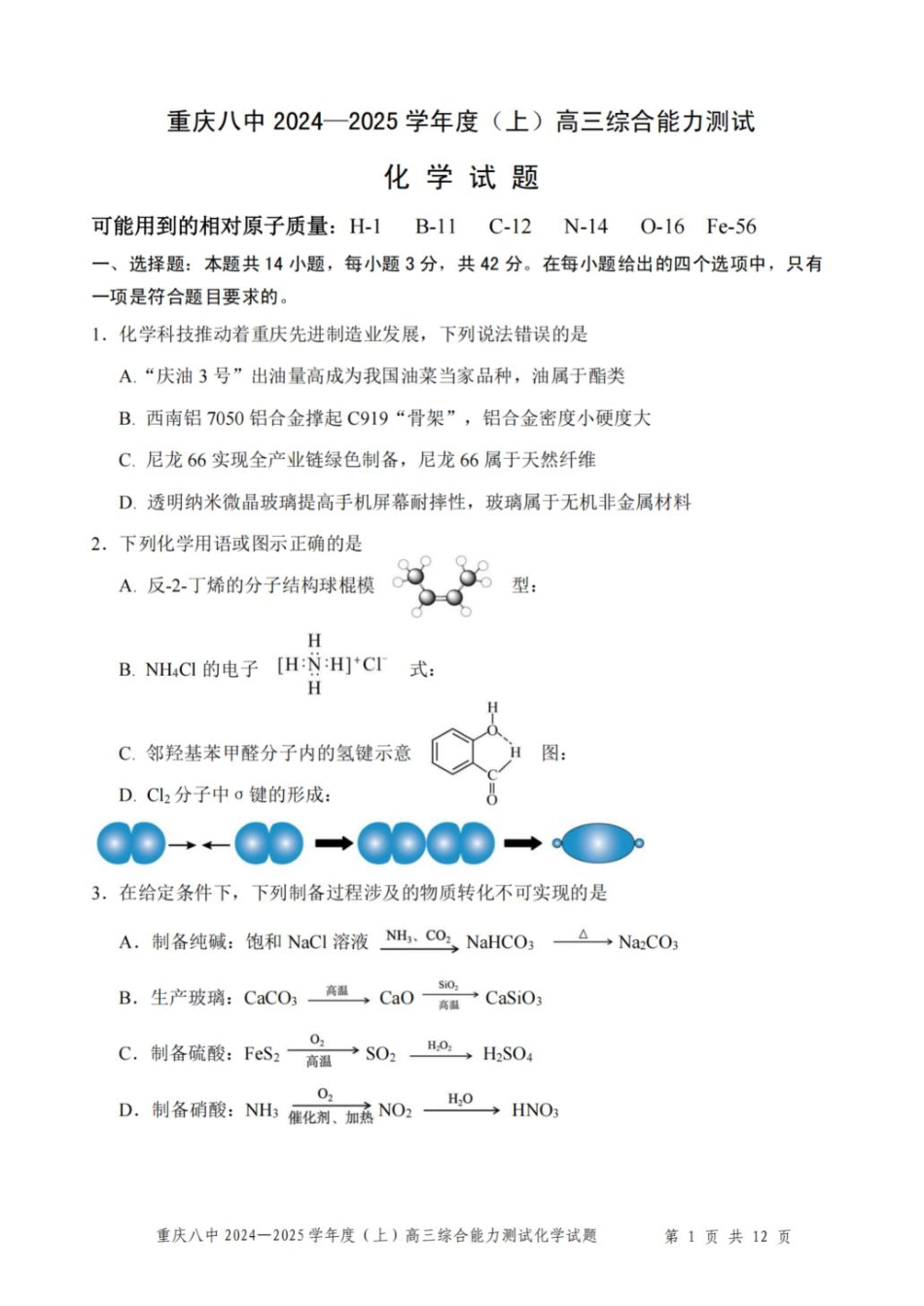 重庆市第八中学2025届高三上学期1月综合能力测试（期末） 化学 PDF版含答案(1).pdf