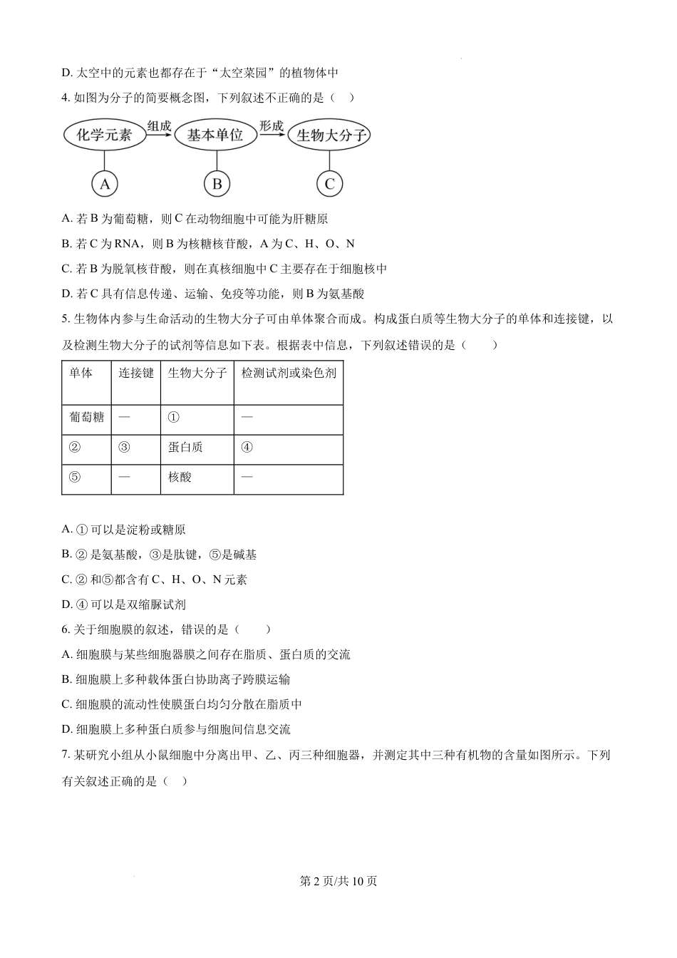 精品解析：广东省惠州市第一中学2024-2025学年高一下学期开学考试生物试题（原卷版）.docx