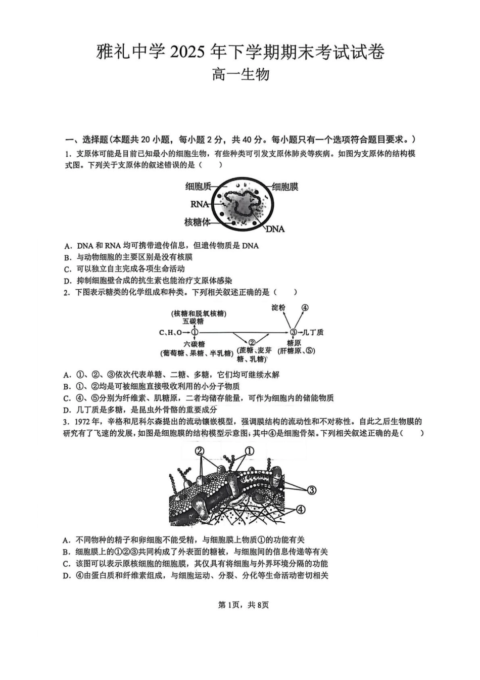 湖南省长沙市雅礼中学2025-2026学年高一上学期期末考试生物试卷（PDF版，含答案）.pdf